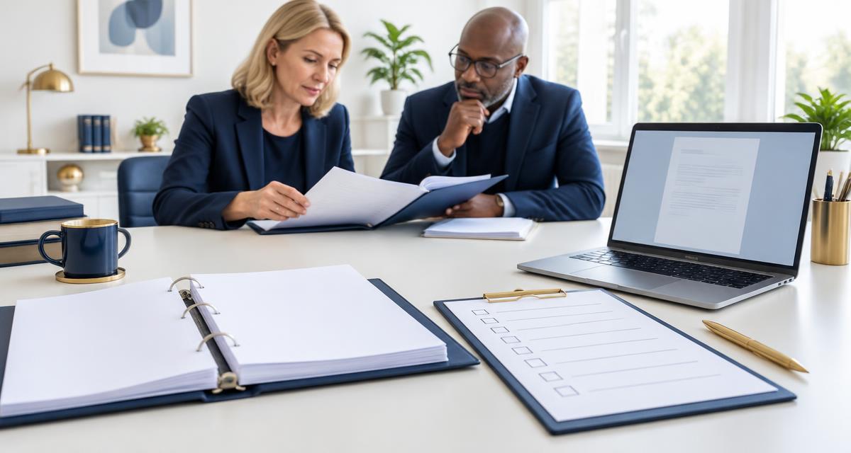 Illustration of care service leaders reviewing registration paperwork, a checklist and supporting documents in an office